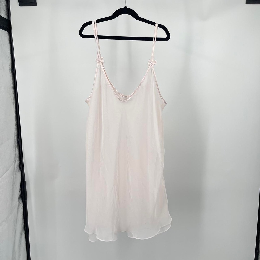 Vintage 80s Dentelle Mini Slip Dress Sheer L Bow Coquette Retro Romantic Pink